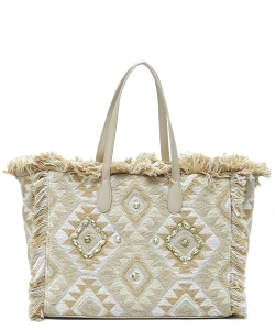 Boho Chic Crochet Fringe Shopper Tote Bag CY018 BEIGE